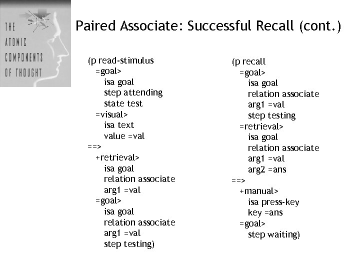 Paired Associate: Successful Recall (cont. ) (p read-stimulus =goal> isa goal step attending state