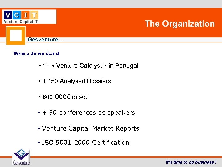 The Organization Gesventure. . . Where do we stand • 1 st « Venture