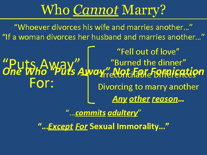 Who Cannot Marry? “Whoever divorces his wife and marries another…” “If a woman divorces