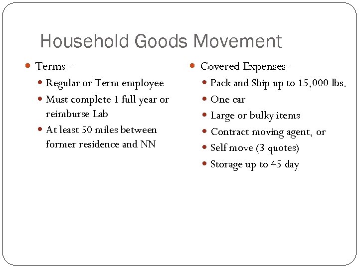 Household Goods Movement Terms – Covered Expenses – Regular or Term employee Pack and