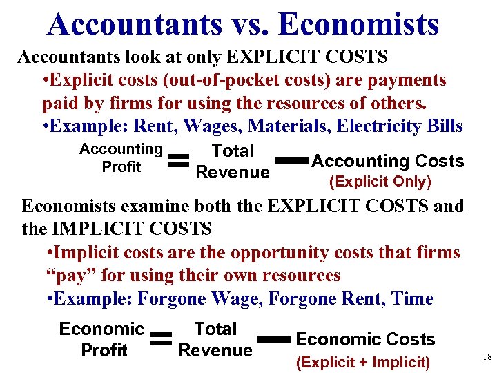 Accountants vs. Economists Accountants look at only EXPLICIT COSTS • Explicit costs (out-of-pocket costs)