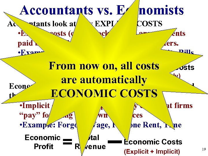 Accountants vs. Economists Accountants look at only EXPLICIT COSTS • Explicit costs (out of