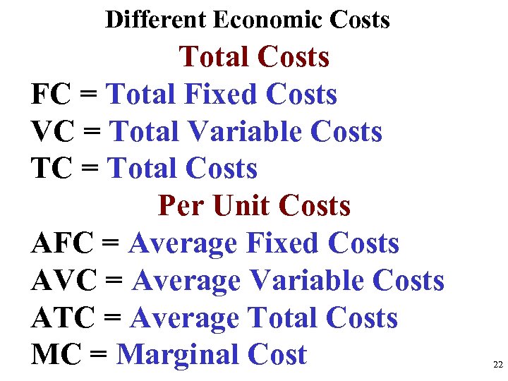 Different Economic Costs Total Costs FC = Total Fixed Costs VC = Total Variable
