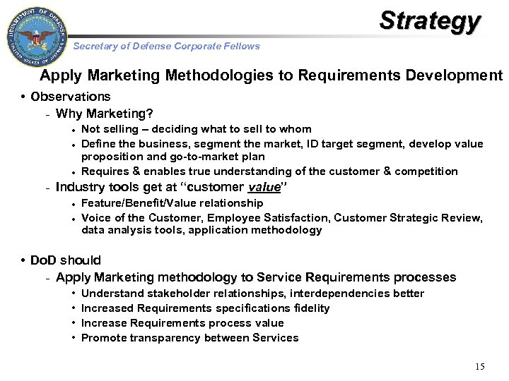 Strategy Secretary of Defense Corporate Fellows Apply Marketing Methodologies to Requirements Development • Observations