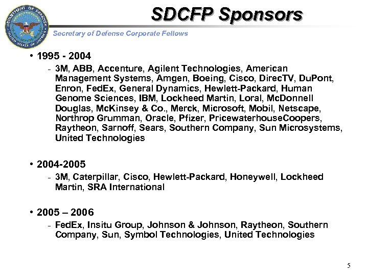 SDCFP Sponsors Secretary of Defense Corporate Fellows • 1995 - 2004 – 3 M,