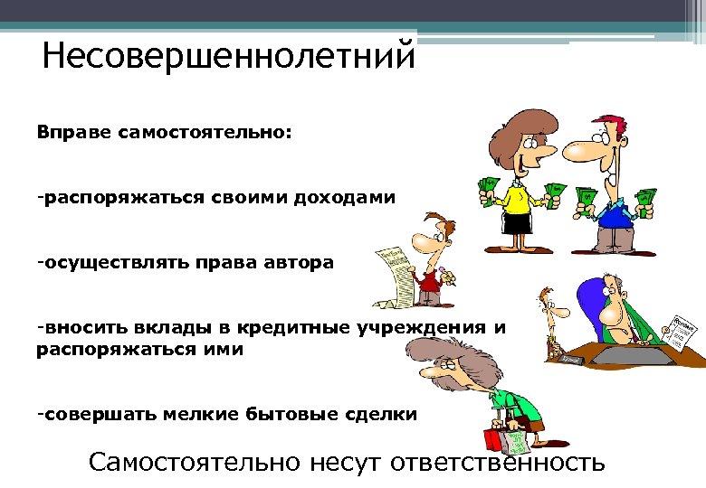 Несовершеннолетний Вправе самостоятельно: -распоряжаться своими доходами -осуществлять права автора -вносить вклады в кредитные учреждения
