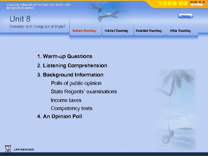Before Reading Global Reading 1. Warm-up Questions 2. Listening Comprehension 3. Background Information Polls