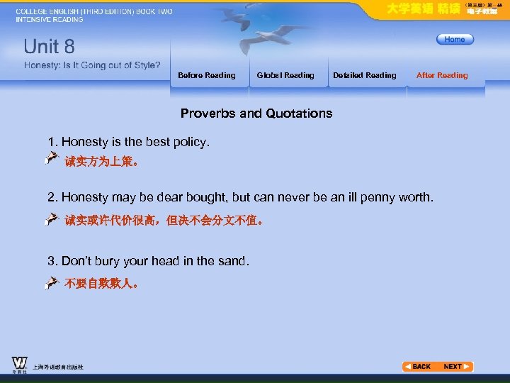 Before Reading Global Reading Detailed Reading After Reading Proverbs and Quotations 1. Honesty is