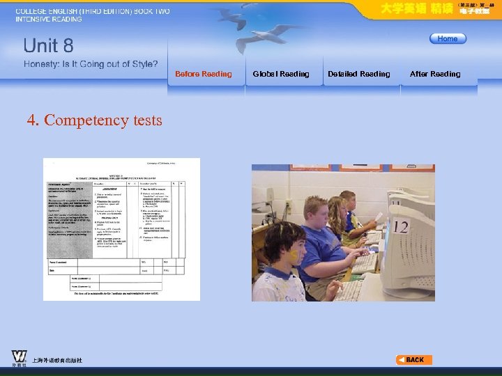 Before Reading 4. Competency tests Global Reading Detailed Reading After Reading 