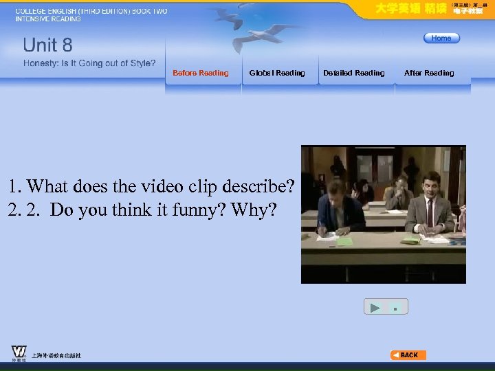 Before Reading Global Reading Detailed Reading After Reading 1. What does the video clip