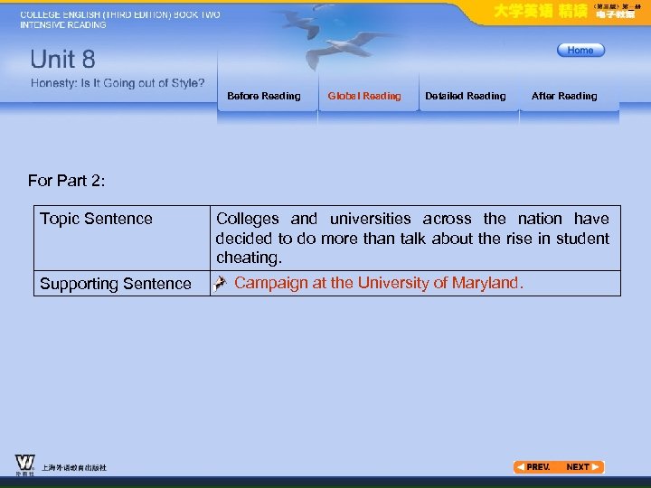 Before Reading Global Reading Detailed Reading After Reading For Part 2: Topic Sentence Supporting
