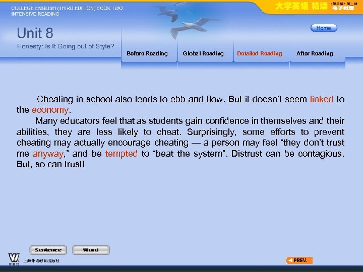 Before Reading Global Reading Detailed Reading After Reading Cheating in school also tends to