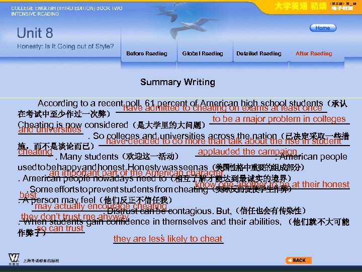 Before Reading Global Reading Detailed Reading After Reading Summary Writing According to a recent