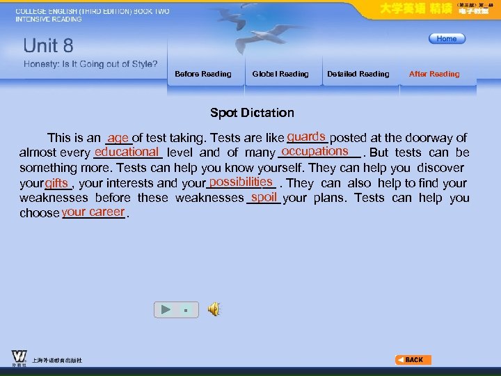 Before Reading Global Reading Detailed Reading After Reading Spot Dictation guards age This is