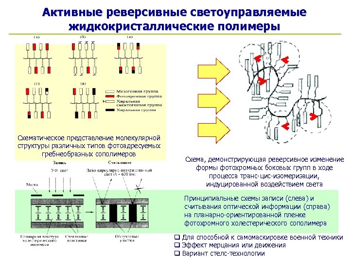 Активные реверсивные светоуправляемые жидкокристаллические полимеры Схематическое представление молекулярной структуры различных типов фотоадресуемых гребнеобразных сополимеров
