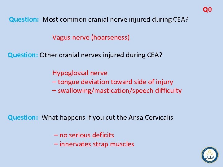 Q 0 Question: Most common cranial nerve injured during CEA? Vagus nerve (hoarseness) Question:
