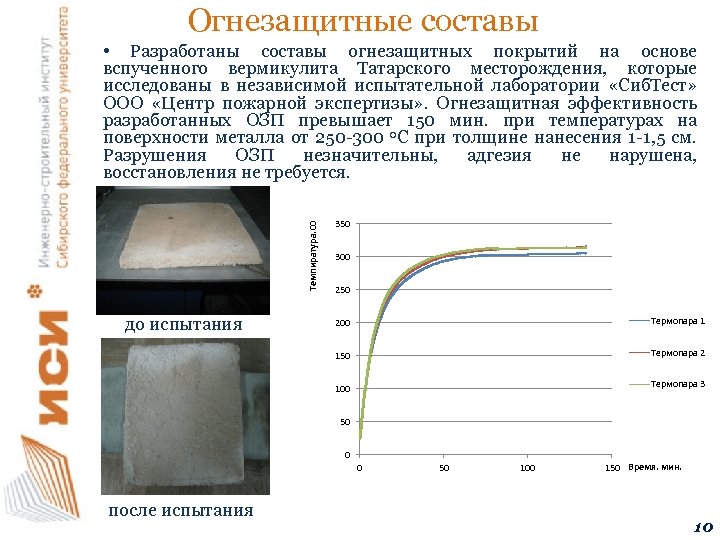 Огнезащитные составы Темпиратура. С 0 • Разработаны составы огнезащитных покрытий на основе вспученного вермикулита