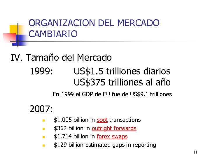 ORGANIZACION DEL MERCADO CAMBIARIO IV. Tamaño del Mercado 1999: US$1. 5 trilliones diarios US$375