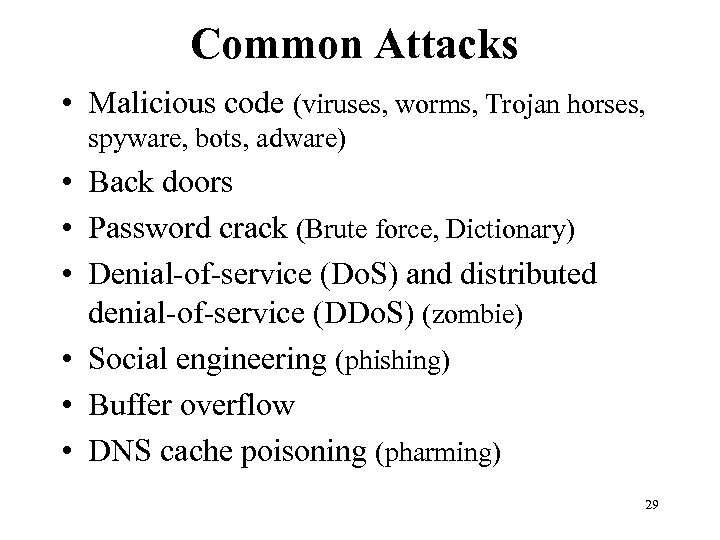 Common Attacks • Malicious code (viruses, worms, Trojan horses, spyware, bots, adware) • Back
