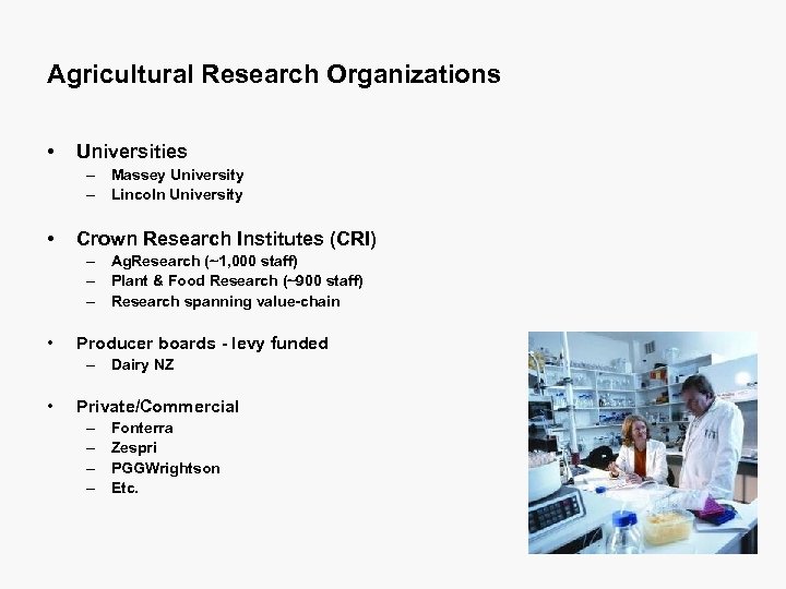 Agricultural Research Organizations • Universities – Massey University – Lincoln University • Crown Research