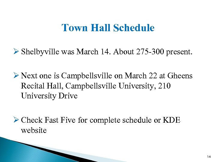 Town Hall Schedule Ø Shelbyville was March 14. About 275 -300 present. Ø Next