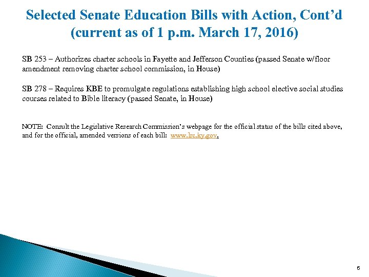 Selected Senate Education Bills with Action, Cont’d (current as of 1 p. m. March