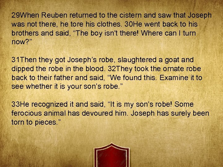 29 When Reuben returned to the cistern and saw that Joseph was not there,