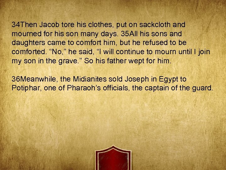 34 Then Jacob tore his clothes, put on sackcloth and mourned for his son