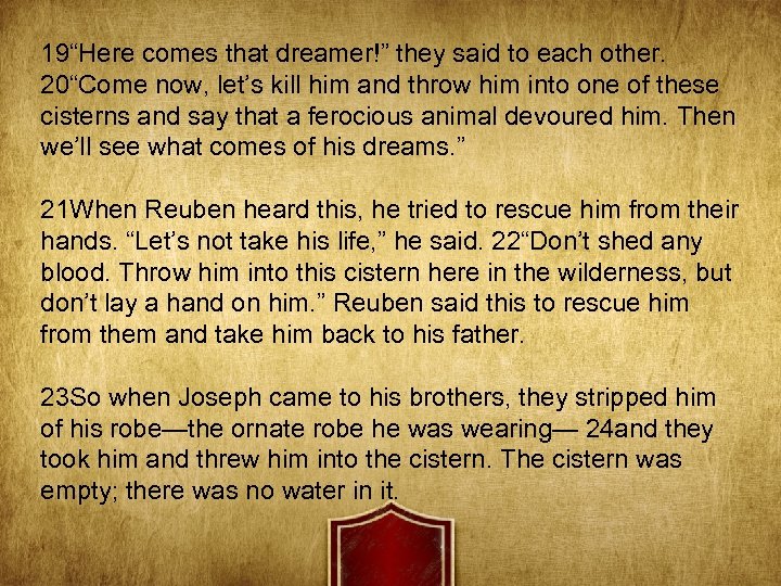 19“Here comes that dreamer!” they said to each other. 20“Come now, let’s kill him