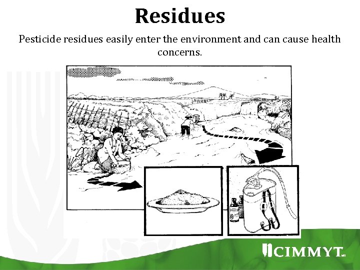 Residues Pesticide residues easily enter the environment and can cause health concerns. 