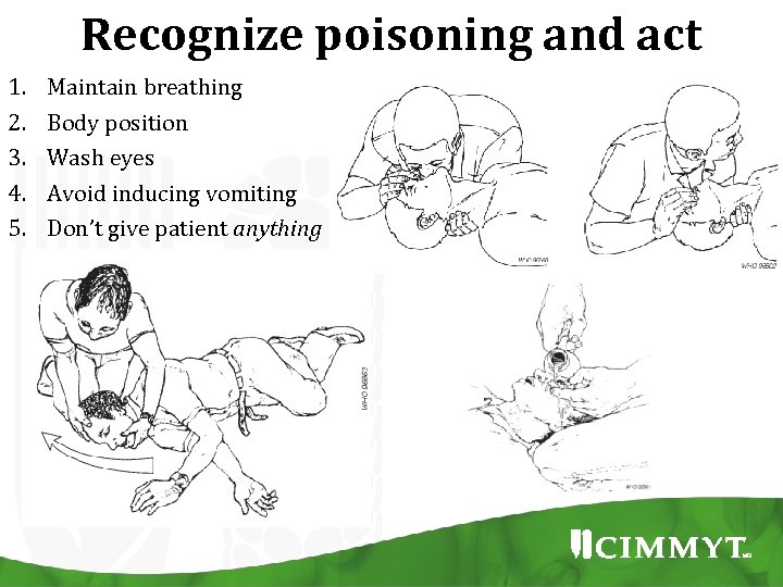 Recognize poisoning and act 1. 2. 3. 4. 5. Maintain breathing Body position Wash