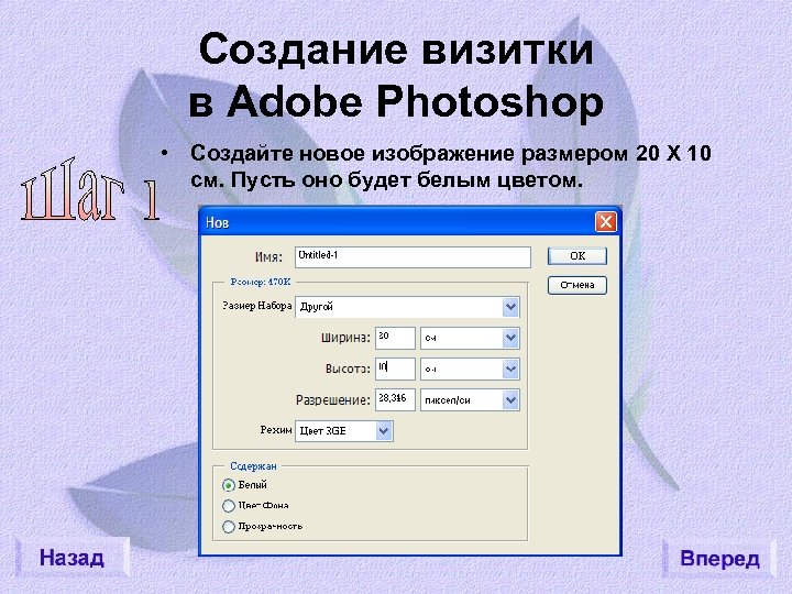 Создание визитки в Adobe Photoshop • Создайте новое изображение размером 20 Х 10 см.