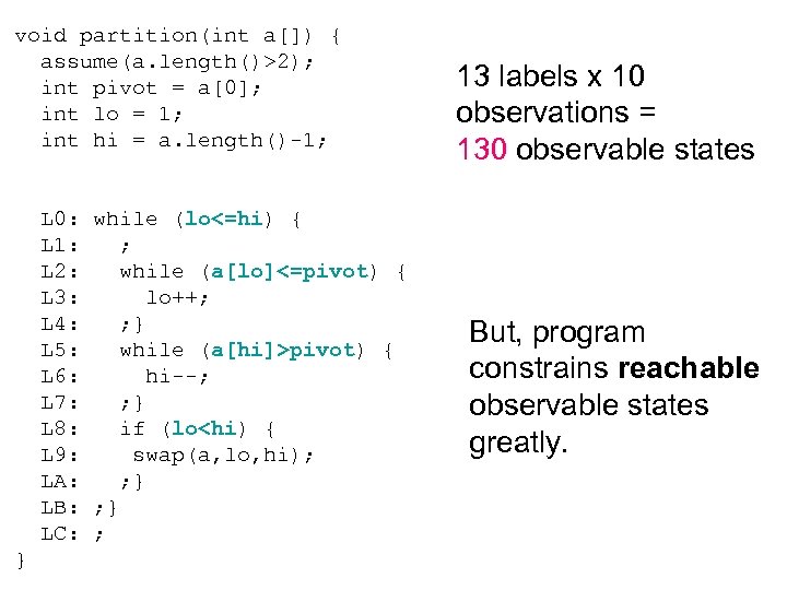void partition(int a[]) { assume(a. length()>2); int pivot = a[0]; int lo = 1;