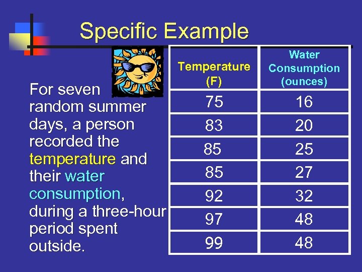  Specific Example For seven random summer days, a person recorded the temperature and