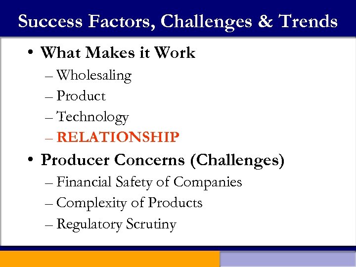 Success Factors, Challenges & Trends • What Makes it Work – Wholesaling – Product