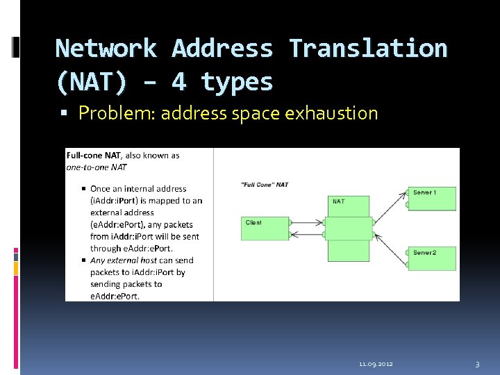 Network Address Translation (NAT) – 4 types Problem: address space exhaustion 11. 09. 2012