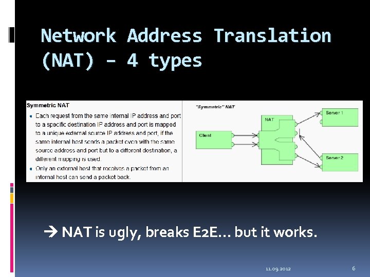 Network Address Translation (NAT) – 4 types NAT is ugly, breaks E 2 E…