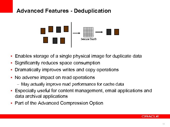 Advanced Features - Deduplication Secure hash • Enables storage of a single physical image