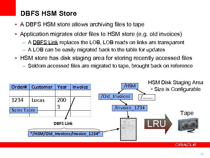 DBFS HSM Store • A DBFS HSM store allows archiving files to tape •