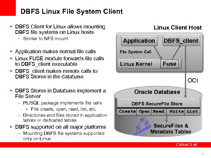 DBFS Linux File System Client • DBFS Client for Linux allows mounting DBFS file