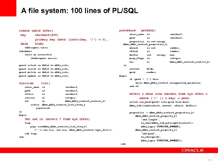 A file system: 100 lines of PL/SQL create table tbfst( key varchar 2(256) primary