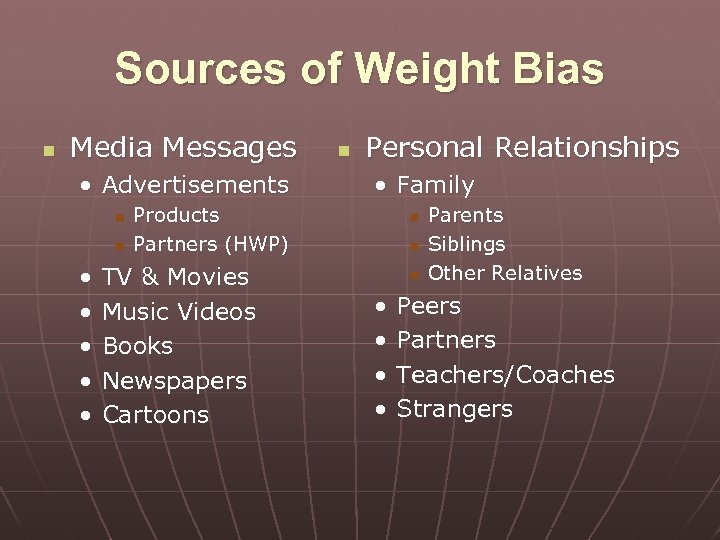 Sources of Weight Bias n Media Messages • Advertisements n n • • •
