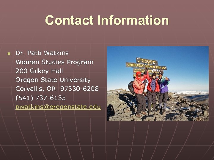 Contact Information n Dr. Patti Watkins Women Studies Program 200 Gilkey Hall Oregon State