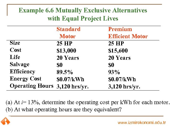 Example 6. 6 Mutually Exclusive Alternatives with Equal Project Lives Standard Motor Size 25