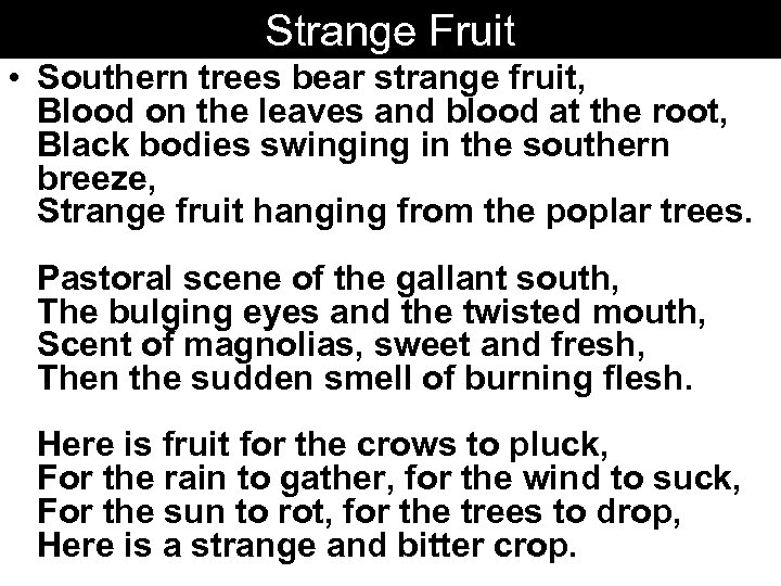 Strange Fruit • Southern trees bear strange fruit, Blood on the leaves and blood