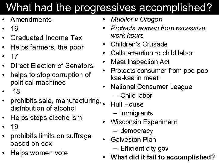 What had the progressives accomplished? • • • • Amendments • 16 Graduated Income