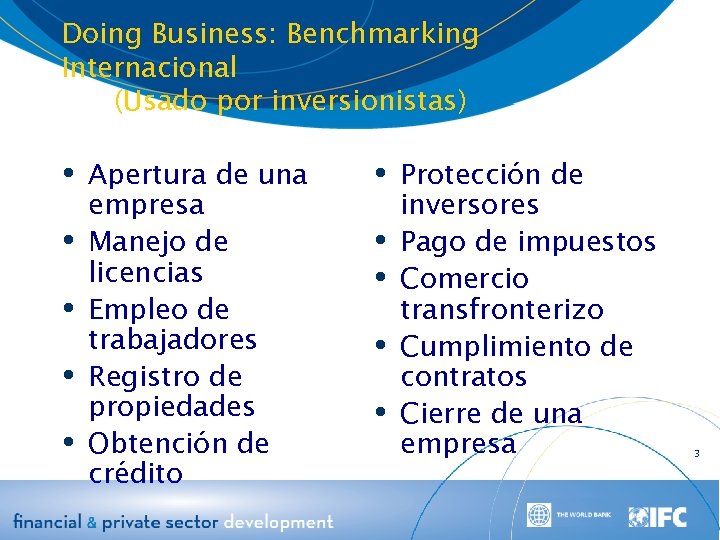 Doing Business: Benchmarking Internacional (Usado por inversionistas) Apertura de una Protección de empresa Manejo