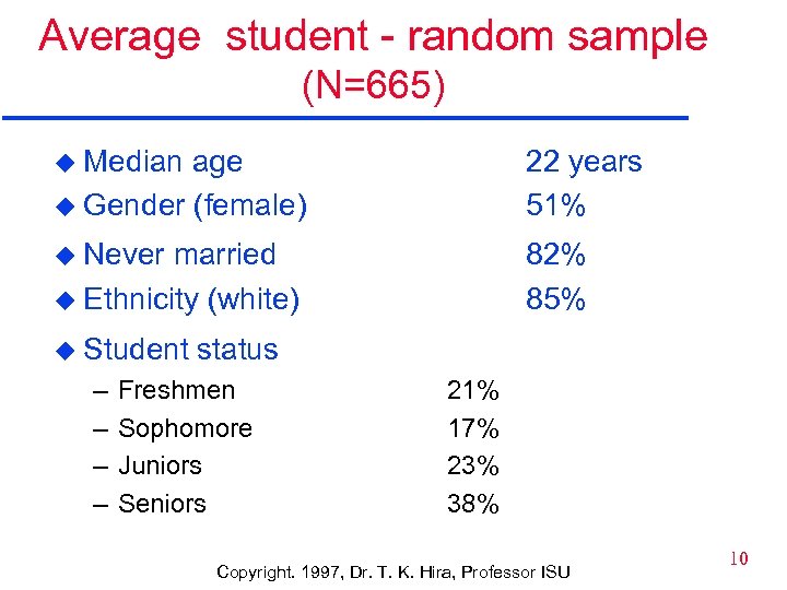 Average student - random sample (N=665) u Median age u Gender (female) 22 years