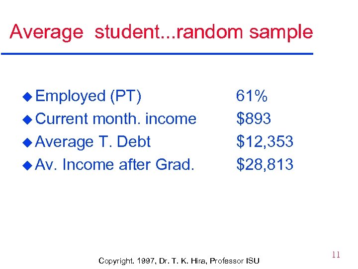 Average student. . . random sample u Employed (PT) u Current month. income u
