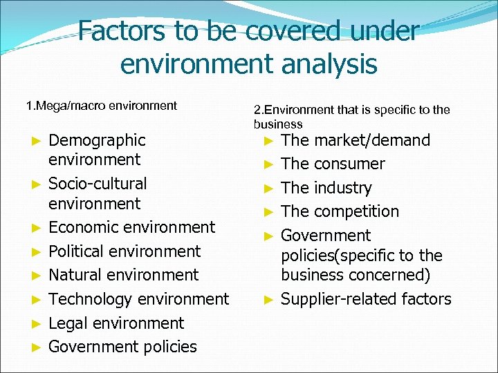 Factors to be covered under environment analysis 1. Mega/macro environment Demographic environment ► Socio-cultural